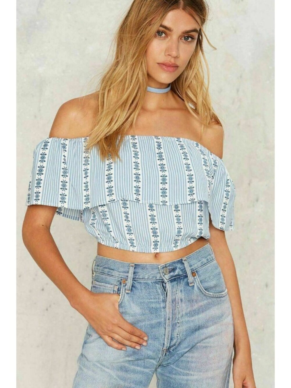 Nasty Gal Motel Harriet Off Shoulder Crop Top Blue Floral Stripe XS Boho - Picture 7 of 13